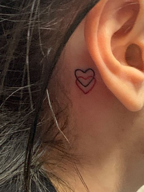 heart tattoo Behind The Ear Tiny Tattoos, Neck Tattoos Women Heart, Red Heart Ear Tattoo, Small Back Of The Ear Tattoos For Women, Small Matching Tattoos Behind Ear, Behind The Ear Tattoo Ideas Matching, Heart Tattoos Behind The Ear, Heart Throat Tattoos Women, Tiny Queen Of Hearts Tattoo