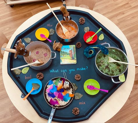 Storytelling Eyfs Ideas, Book Inspired Tuff Trays, Gruffalo Sensory Play, Gruffalo Messy Play, Gruffalo Tuff Tray Ideas, Story Tuff Tray Ideas, Gruffalo Activities Eyfs, Nursery Room Ideas Childcare, Gruffalo Activities