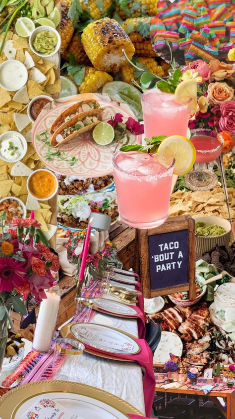 Fiesta Party Aesthetic, Dinner Party Mexican Theme, Fancy Mexican Dinner Party, Tacos Dinner Party, Taco Bbq Party, Mexican Night Ideas Parties, Eclectic Party Theme, Mexican Dinner Party Aesthetic, Mexico Dinner Party