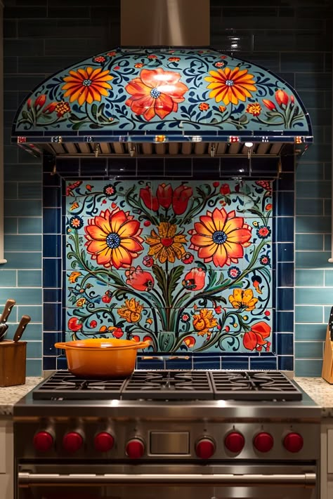 Stunning Backsplash Ideas for Your Kitchen Unique Kitchen Design Ideas, Colorful Tile Kitchen Backsplash, Boho Kitchen Tile, Kitchen Backsplash Ideas Colorful, Tile Ideas For Kitchen, Cool Kitchen Tiles, Hacienda Style Kitchen Mexico, Fun Backsplash, Talavera Kitchen Backsplash