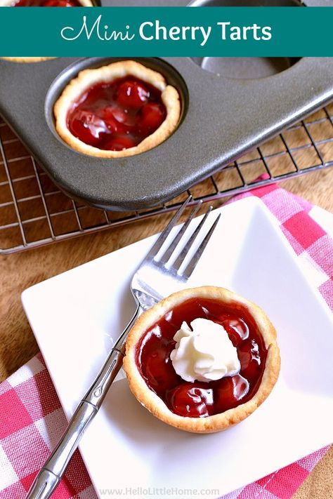 Mini Cherry Tarts recipe ... a delicious + easy dessert with only 4 ingredients! Make these mini cherry pies in muffin tins fast. These cherry tartlets feature a quick cream cheese crust and simple filling. These easy cherry tarts are a recipe your whole family will love! | Hello Little Home Cherry Tarts Recipe, Cherry Tartlets, Pumpkin Tartlets, Cherries Recipes, Cherry Tarts, Tart Cherries Recipes, Cherry Recipes Dessert, Mini Cherry Pies, Mini Pie Recipes