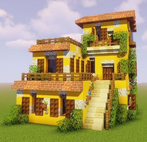 Retro Minecraft House, Minecraft House Facade, House Builds Minecraft, Minecraft Yellow House, Yellow Minecraft House, Colorful Minecraft Houses, Cat House Minecraft, House Ideas Minecraft, Modern Minecraft