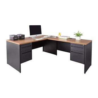 Carbon Steel Reversible L-Shaped Desk 66"W x 78"D by NBF Signature Series | NBF.com Racing Simulator Setup, Simulator Setup, Executive Desk Set, Clean Workspace, L Desk, Desk Styling, Office Plan, Beautiful Office, Racing Simulator