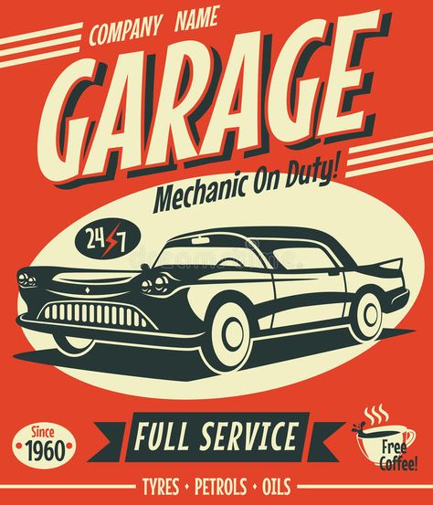 Retro car service sign. Vector illustration , #AD, #service, #car, #Retro, #illustration, #Vector #ad Car Wash Posters, Auto Illustration, Car Wash Business, Retro Auto, Mechanic Garage, Retro Car, Retro Sign, Vintage Tin Signs, Car Service