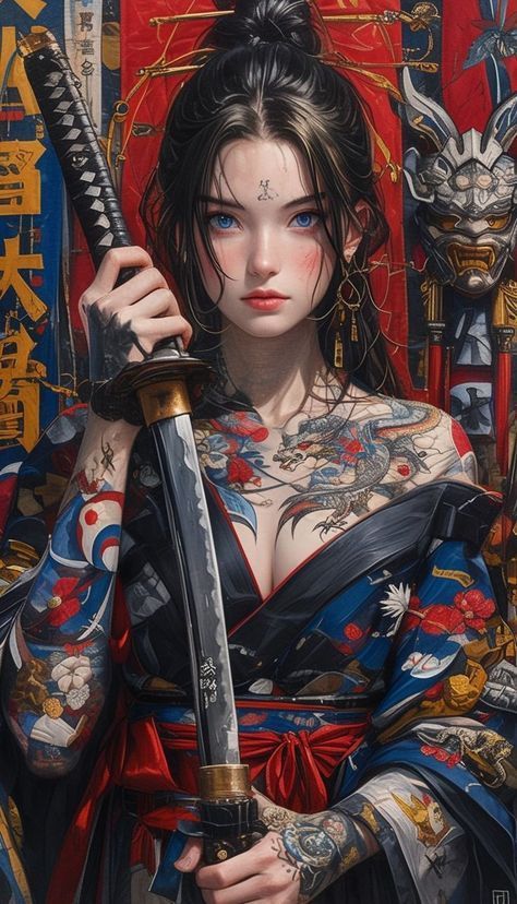 Japan Samurai Art, Samurai Girl Art, Samurai Woman, Female Samurai Art, Geisha Artwork, Female Warrior Tattoo, Asian Cosplay, Female Samurai, Female Artwork