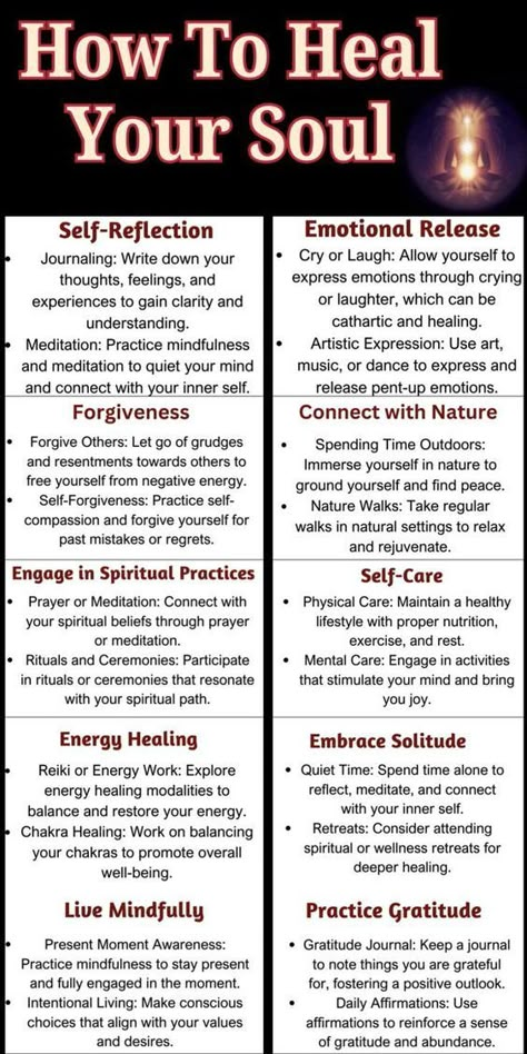 "Heal your soul with these transformative practices! 🌿✨ Discover self-reflection, emotional release, forgiveness, and more to nurture your inner being and find peace. Embrace your journey to a more fulfilled and balanced life. 💖 #SoulHealing #InnerPeace #SpiritualGrowth" Boyfriend Poetry, Heal Your Soul, Emotional Release, Inner Being, Spiritual Psychology, Spiritual Awakening Signs, Practicing Gratitude, Ways To Heal, Connecting With Nature