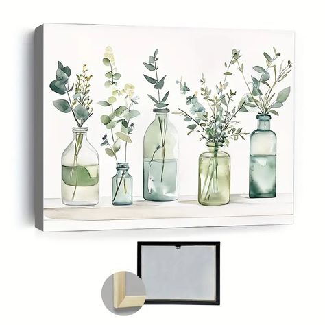 Framed Creative Canvas Poster Botanical Floral Picture - Temu Australia Plants In Bottles, Watercolor Plants, Framed Botanicals, Green Watercolor, Home Decor Paintings, Arte Floral, Bathroom Wall Art, Wall Art Gift, Wall Artwork