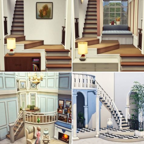 Sims 4 Curved Stairs, Sims Stairs Ideas, Sims 4 Staircase Ideas, Sims 4 Grand Staircase, Sims 4 Nook Ideas, Sims 4 Build Tricks, Sims 4 Staircase Cc, Sims 4 Mansion Interior, Sims 4 Foyer