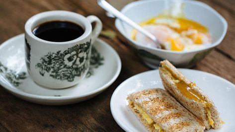 Kaya toast with half-cooked eggs and Hainanese coffee | Asian recipes | SBS Food Coffee Stall, Kaya Toast, Coconut Jam, Asian Breakfast, Sbs Food, Singapore Food, Soft Boiled Eggs, Malaysian Food, Boiled Egg