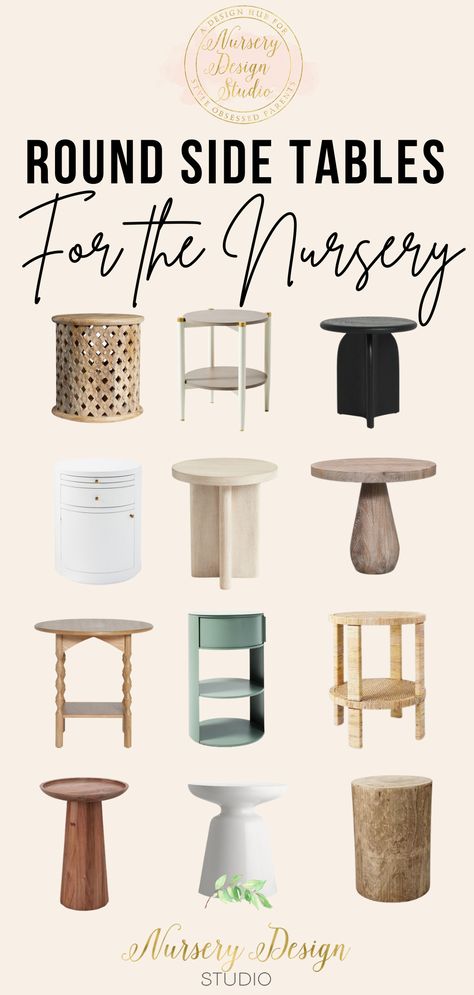 Ahead we are rounding our favorite statement-making round side tables for the nursery. Nursery End Table Ideas, Nursery Side Table Ideas, Nursery Accent Table, Nursery End Table, Side Table For Nursery, Side Table Nursery, Nursery Side Table, Nursery Nightstand, End Table Diy