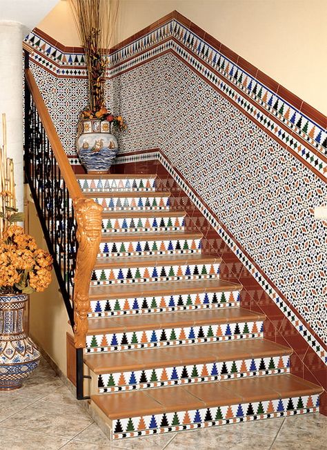 Andalusian Decor, Stairs Tiles Design, Morocco Tiles, Andalusian Architecture, Spa House, Tiled Staircase, Stairs To Heaven, Colonial Home Decor, Spain House