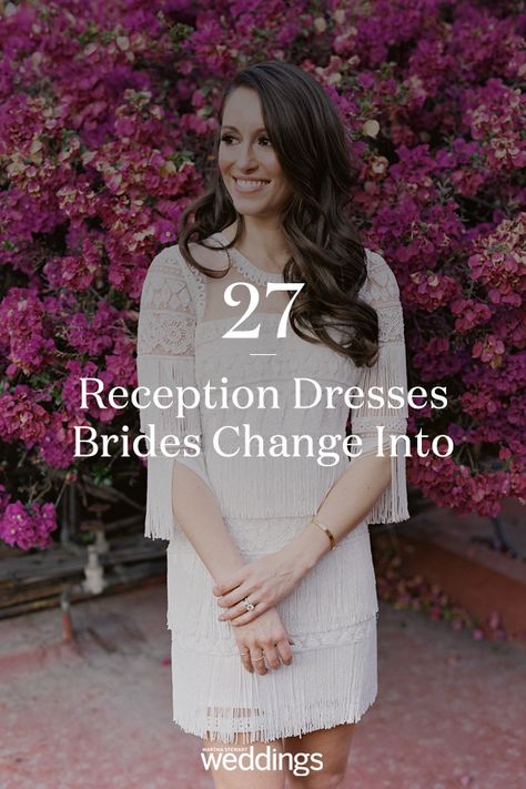 Click to get inspiration for your wedding reception dress that you can change into. Here are 27 wedding dresses that real brides changed int of or their wedding reception. #WeddingDress #WeddingReceptionDress #Ideas #Inspiration #Wedding #Bride #Bridal #Details | Martha Stewart Weddings - 21 Reception Dresses Brides Changed Into for Their Parties Bridal Change Dress, Non Traditional Reception Dress, Bridal After Party Outfit Casual, Second Bride Dress For Reception, Brides Dress For Reception, Bridal Reception Party Dress, Reception Exit Dress, Wedding Dress Evening Change, Bride Dress Change Reception