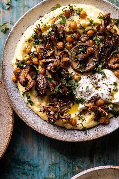 Pesto Polenta with Thyme Roasted Mushrooms and Chickpeas | halfbakedharvest.com #pesto #polenta #mushrooms #easyrecipes Cordyceps Mushroom Recipe, Vegetarian Recipes With Mushrooms, Upscale Bar Food, Pesto Polenta, Mushroom Food, Cauliflower Hummus, Polenta Recipes, Roasted Mushrooms, Half Baked