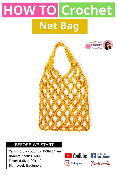 Crochet Net Shirt Pattern, Net Bag Crochet, Bag Crochet Tutorial, How To Start Crochet, Crochet Net Bag, Strawberry Keychain, Crochet Net, Pattern Step By Step, Crochet Backpack Pattern