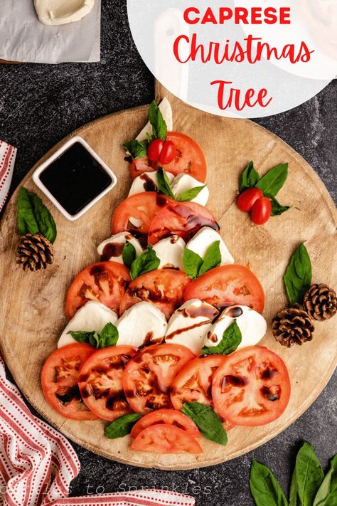 This fun Caprese Christmas tree recipe is perfect to celebrate the season as it has all the yummy Caprese flavors you love like fresh mozzarella, tomatoes, basil, and then topped with a balsamic glaze. This is the perfect addition to your holiday party or buffet table this year. Caprese Christmas, Tomato Mozzarella Basil, Christmas Tree Food, Christmas Buffet, Christmas Appetizers Party, Antipasto Platter, Tomato Mozzarella, Christmas Menu, Balsamic Glaze