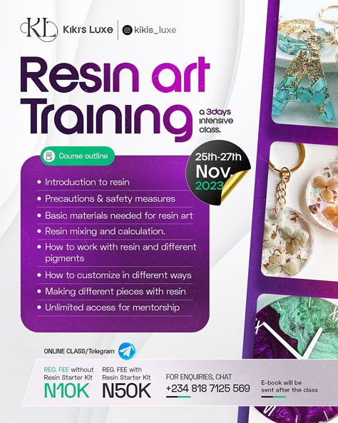 Graphic design of a resin art training Online Class Flyer Design, Luxury Flyer Design, Resin Art Logo, Art Class Flyer, Workshop Flyer Design, Tutorial Flyer Design, Class Flyer Design, Art Class Posters, Social Media Posters