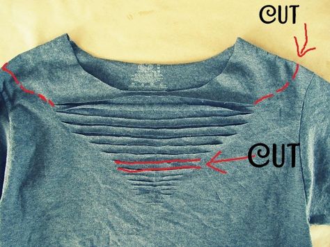 WobiSobi: Off the Shoulder, Ladder V-neck Tee: DIY Cut Tshirt Diy, Tee Shirts Diy, Distressed Tshirt Diy, Cut Up T Shirt, Umgestaltete Shirts, Cut Shirt Designs, Diy Cut Shirts, Shirt Makeover, Cut Tee Shirts