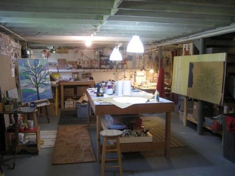 Home Art Studio Ideas, Basement Art Studio, Low Basement, Studio Basement, Bungalow Basement, Art Studio Ideas, Basement Art, Garage Art Studio, Basement Ceilings