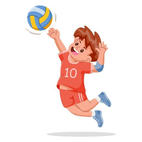 Happy cute kid boy playing volleyball on a white background. Vector Illustration Volleyball Cartoon, Volleyball Illustration, Volleyball Clipart, Playing Volleyball, Play Volleyball, Kid Boy, Boys Playing, Kids Pictures, The Happy