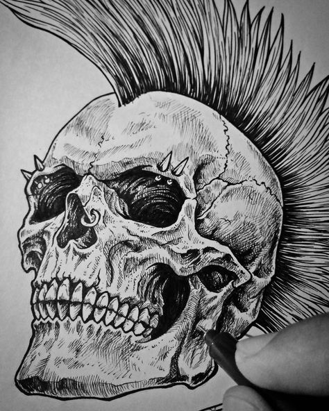 Wip... Commission work for @hysteriainkclothing 💀 #art #artwork #ink #inking #draw #drawing #skull #skulltattoo #punk #punkrock #brand… Rock Skull Tattoo, Punk Drawings Sketches, Steampunk Skull Drawing, Punk Skull Drawing, Punk Art Drawings, Metallica Skull Tattoo, Mohawk Skull Tattoo, Skull With Mohawk, Punk Drawing