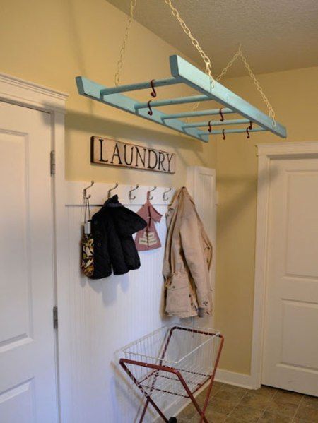 10 Repurposed Laundry Room Storage Ideas – Small Town DIY Old Ladder, Laundry Rack, Laundry Room Storage, Laundry Mud Room, Laundry Storage, Laundry Room Organization, Room Storage, Quiver, Creative Home