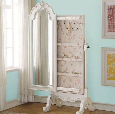 Saffold Cheval Free Standing Jewelry Armoire with Mirror Sliding Mirror Door, White Jewelry Armoire, Necklace Hooks, Sliding Mirror, Standing Jewelry Armoire, Desain Quilling, Mirror Jewelry Armoire, Bedroom Armoire, Storage Mirror