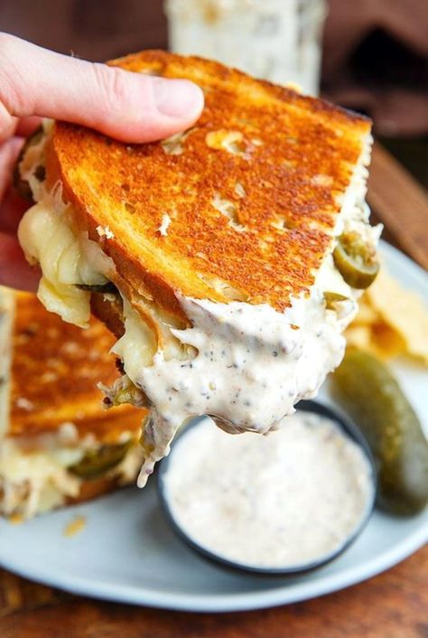 Savor the delicious twist of a grilled cheese sandwich with tender white BBQ chicken, creating a mouthwatering blend of flavors in every bite. White Bbq Chicken, Bbq Chicken Grilled Cheese, Chicken Grilled Cheese Sandwich, Chicken Grilled Cheese, Pickled Jalapenos, White Bbq Sauce, Grill Cheese Sandwich Recipes, Cheese Sandwich Recipes, Grilled Bbq Chicken