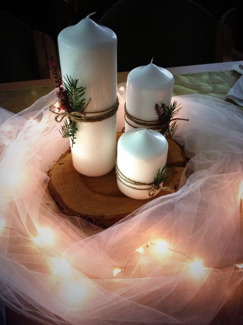 Wood & Tulle & Lights Tulle Fairy Lights Wedding, Tulle Centerpiece Wedding, Tulle Table Decorations Centerpieces, Using Tulle As Table Runner, Tulle With Lights, Tulle Centerpiece Diy, Fairy Light Table Centerpieces, Tulle And Fairy Lights, Centerpieces With Lights