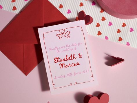 Red And Pink Wedding Invitations, Red And Pink Wedding, Heart Wedding Invitations, Valentines Wedding, Love Birds Wedding, Date Invitation, Pink Wedding Invitations, Pink Envelopes, Garden Party Wedding