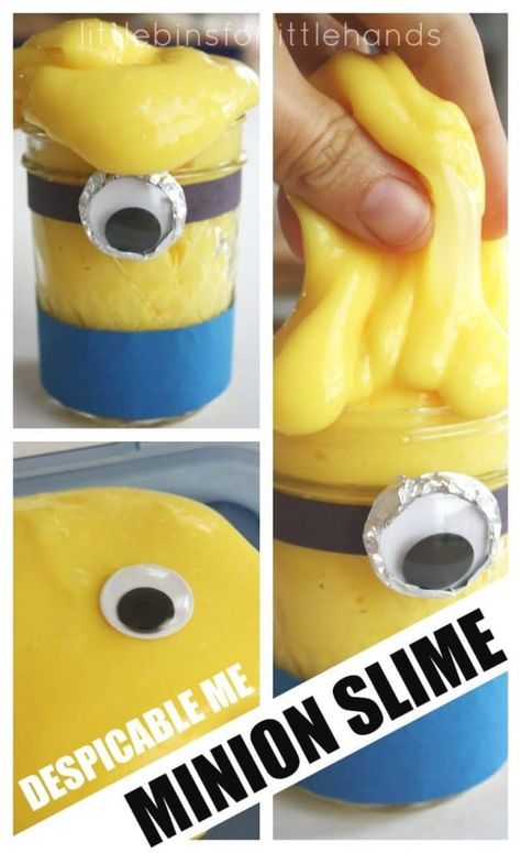 Minion Slime Recipe and Science for Despicable Me Movie Minions Activities For Kids, Minion Activities, Minion Craft, Homemade Slime Recipe, Despicable Me Party, Minions Fans, Craft Challenge, Movie Crafts, Minion Theme