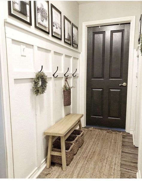 Side Entry Way Ideas, Wall Foyer Ideas, Narrow Entry Bench Ideas, Entry With Bench And Hooks, Mudwall Entryway, Wood Entry Wall, Small Hall Ways Ideas, Entry Hallway Wall Ideas, Large Entry Way Ideas Farmhouse