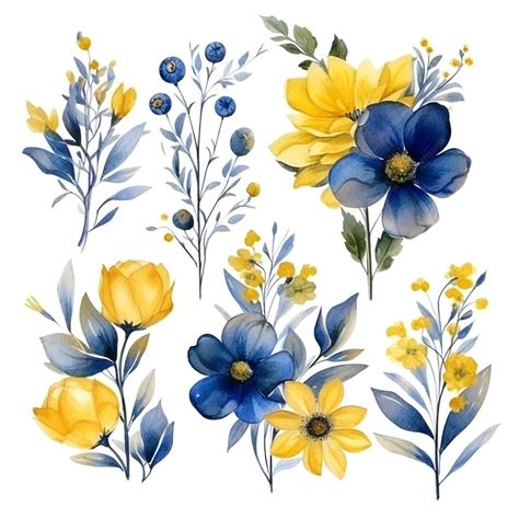 Yellow Blue Flowers, Yellow And Blue Flowers, Crockery Set, Blue Yellow Flowers, Blue Flower Painting, Yellow Watercolor, Grey Color Scheme, Flower Border, Yellow Aesthetic