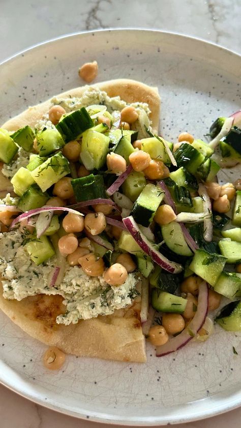 Smashed Feta and Chickpea Salad with Pita Marinated Chickpeas With Whipped Feta, Smashed Chickpea Salad Sandwich, Marinated Chick Peas With Whipped Feta, Chickpea Cucumber Feta Salad Wrap, Smashed Feta Spring Salad, Lemon Feta Chickpea Salad, Pea Salad, Spring Salad, Feta Salad