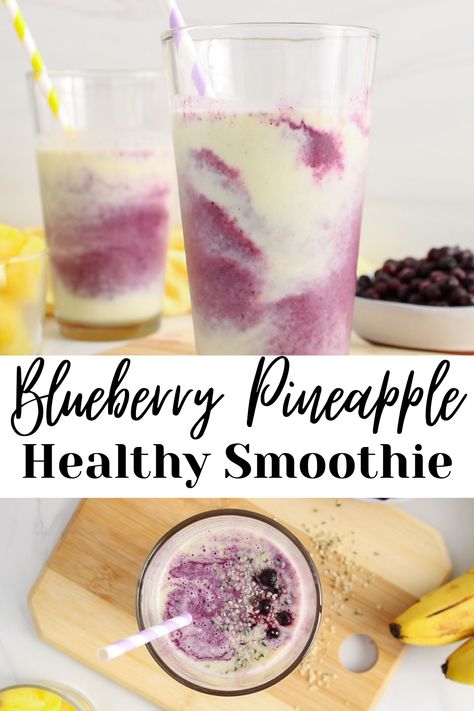 The top picture shows a front view on 2 large glasses containing a galaxy blueberry pineapple smoothie with some fruits in the background. The bottom picture shows a overhead view on a blueberry pineapple smoothie that's topped with hemp seeds and blueberries. Hemp Milk Smoothie, Blueberry Pineapple Smoothie, Hemp Seed Smoothie, Non Dairy Smoothie, Dragonfruit Recipes, Green Smoothie Benefits, Plant Based Smoothies, Low Calorie Smoothies, Blueberry Smoothie Recipe