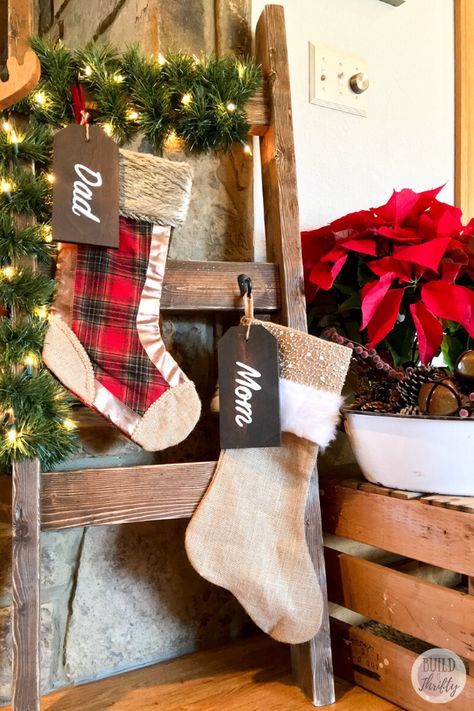 Step-by-step plans to build your own stocking ladder using only 2x4s. Stocking Ladder Christmas, Stocking Ladder, Small Farmhouse Table, Stocking Stand, Diy Stocking, Buffalo Plaid Christmas Decor, Stocking Ideas, Diy Preschool, Diy Stockings