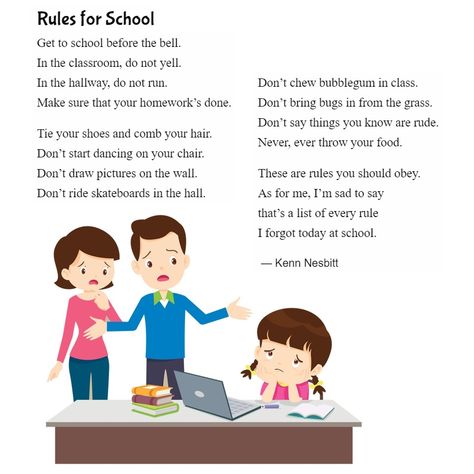 Poems For Primary School, Rules For School, Poem Recitation, Funny Poems For Kids, Poems For Students, Poem For Kids, Simple Poems, Poems About School, Lyric Poem