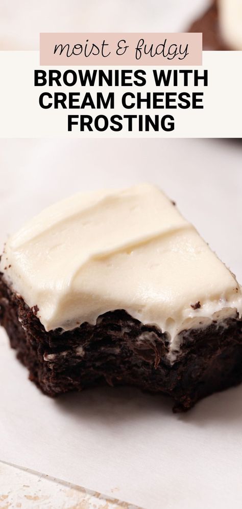 These fudgy brownies with cream cheese frosting are rich and decadent! The brownies have gooey centers and lots of chocolate flavor from melted chocolate and cocoa powder. The smooth, thick layer of cream cheese frosting spread on top adds a slightly tangy flavor and makes the brownies even more delicious! Brownies Cream Cheese Frosting, Brownie Frosting Recipe, Frosted Brownies Recipe, Brownies With Cream Cheese Frosting, Brownies With Cream Cheese, Frosted Brownies, Brownie Desserts Recipes, Whipped Chocolate Ganache, Butter Cream Cheese Frosting