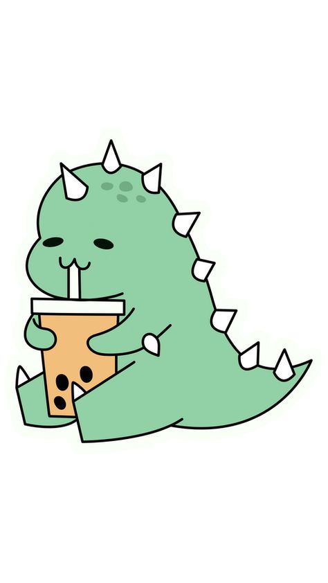 Dino Drink, Dino Lucu, Drinking Boba Drawing, Drink Cartoon, Dinosaur Drinking Boba, Boba Tea Illustration Cute, T Rex Cartoon, Boba Tea Aesthetic Sticker, Bubble Tea Sticker