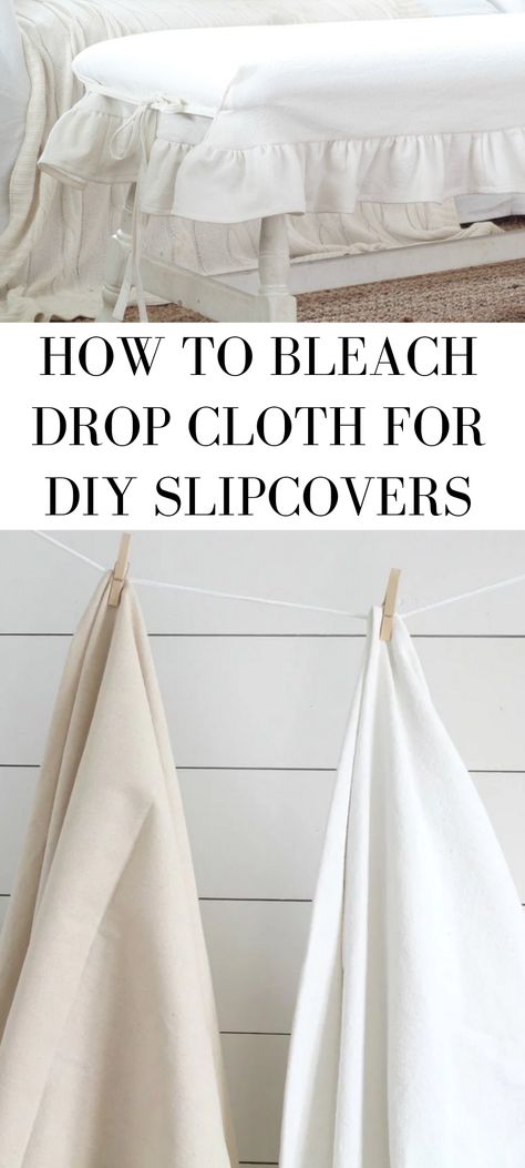 Dropcloth Slipcover No Sew, Bleach Drop Cloth, Farmhouse Textiles, Drop Cloth Slipcover, Drop Cloth Projects, Farmhouse Design Ideas, Balcony Curtains, Budget Farmhouse, Farmhouse Diy Projects