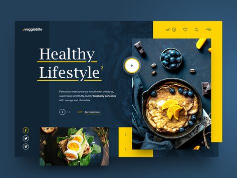 Hey Dribbble! Here is another header exploration I did over the weekend... Healthy lifestyle is very tasty too!Check real pixels attached.Hit "L" for some love! -- Behance / Instagram / Faceb... Food Website Design, Veggie Bites, Dessert Restaurant, Ui Design Mobile, Food Web Design, Ui Website, Banner Design Layout, Ui Design Website, Simple Designs To Draw