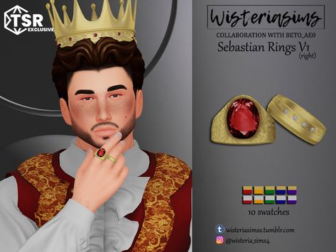 The Sims Resource - Sebastian Rings V1 (right) Sims 4 Men Clothing, Sims Medieval, Male Crown, Sims 4 Tsr, Royal Core, Rose Choker, King Outfit, Sims 4 Characters, Sims House Design