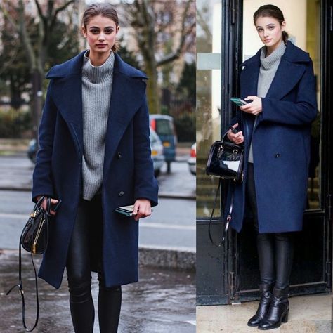 Navy + Grey + Black Navy Blue Coat Outfit Winter, Navy And Grey Outfit, Navy Blue Winter Outfit, Dark Blue Coat Outfit, Blue Coat Outfit Winter, Navy Blue Coat Outfit, Long Navy Coat, Navy Coat Outfit, Blue Coat Outfit