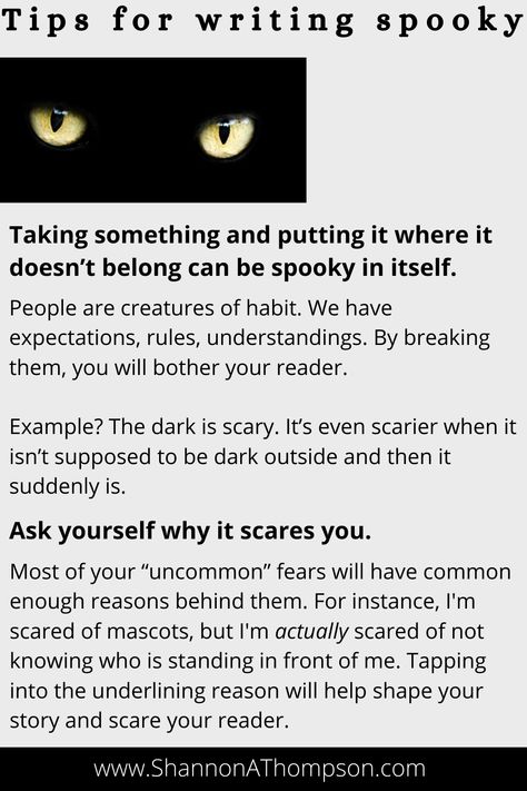 I love writing scary scenes, whether it be a entire horror novel or a quick spooky scene that unsettles the reader's nerves. Here's some quick tips to take your spooky scene to the next level. Click on the image to read the full blog post and ALL the writing tips. I blog about writing and publishing tips at www.ShannonAThompson.com. #novelwriting #writingtips #writingadvice #horrorwriting Scary Story Writing Tips, Horror Writing Inspiration, Writing A Horror Novel, How To Write Psychological Horror, Tips For Writing Horror, Psychological Horror Writing Tips, Writing Horror Tips, How To Write Horror, Horror Storyboard