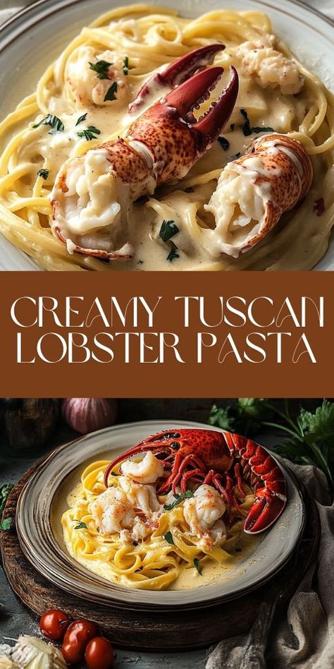 This Creamy Tuscan Lobster Pasta is the epitome of indulgence! Rich, creamy pasta combined with tender lobster and Tuscan-inspired flavors creates a luxurious, restaurant-quality dish you can make at home. Whether it’s for a special occasion or a treat-yourself dinner, this pasta recipe will impress. Easy to prepare and absolutely decadent! #TuscanLobsterPasta #CreamyPasta #SeafoodLovers #LobsterRecipe #GourmetDinner 🍝🦞 Dinner Recipes To Impress, Gourmet Seafood, Seafood Delight, Lobster Pasta, Fresh Lobster, Fettuccine Pasta, Indulgent Food, Gourmet Dinner, Pasta Night