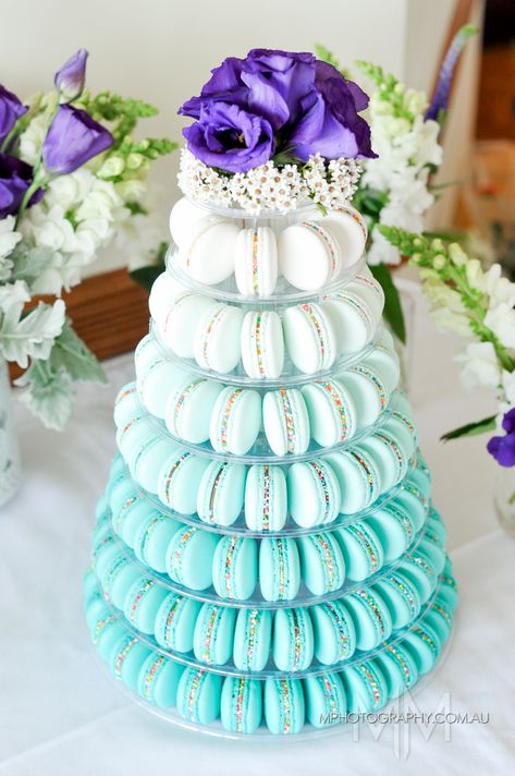 Stunning Turquoise ombre macaron tower by Moreish Macarons Display Macarons, Macarons Display, Wedding Cakes Table, Cakes Table, Macaroon Wedding Cakes, Macaroon Tower, Macaroon Cake, Wedding Macarons, Buffet Party