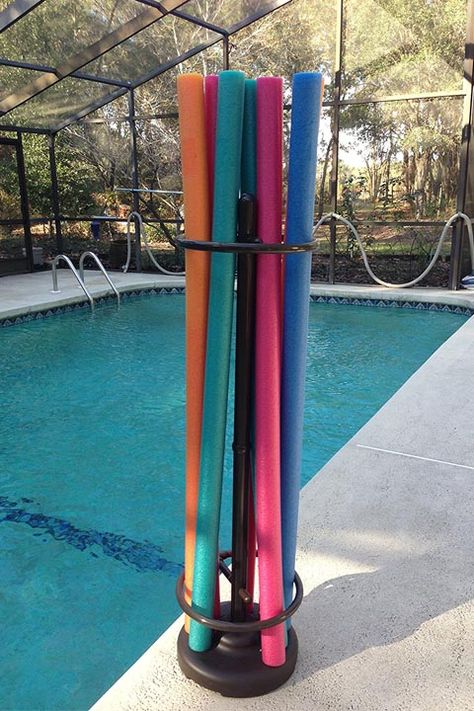 Pool Noodle Holder, Pool Noodle Storage, Pool Storage Ideas, Noodle Storage, Pool Organization, Towel Rack Pool, Pool Storage, Backyard Pool Ideas, Pool Hacks