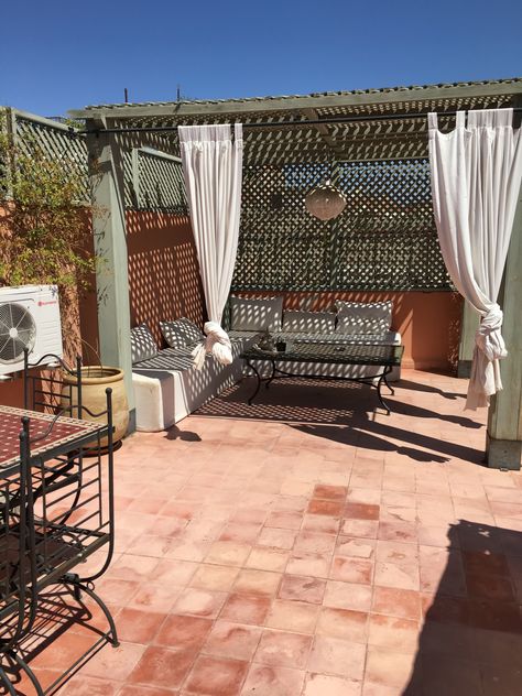 Terrace, AirBnB Riad, Marrakech, Morocco Roof Terrace Mediterranean, Morocco Terrace, Spanish Terrace, Moroccan Garden Ideas, Moroccan Terrace, Arab Architecture, Rooftop Ideas, Marrakesh Travel, Morocco Interior