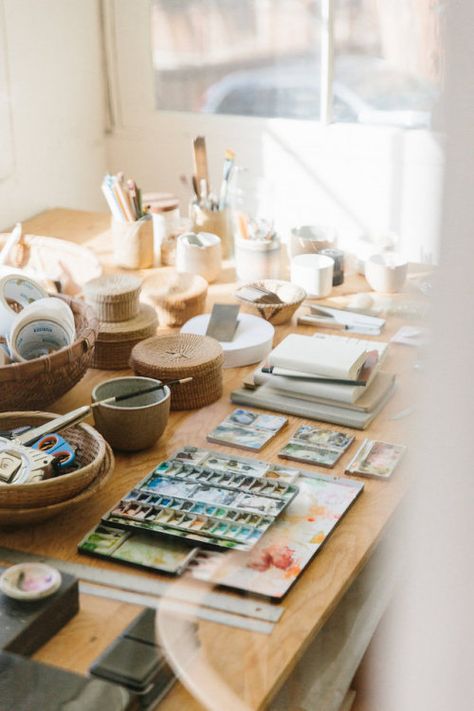 Living Life by the Second Art Supply Store Aesthetic, Watercolor Desk, Studio Bright, Sunlight Art, Malibu Home, Topanga Canyon, Dream Studio, Artist Aesthetic, Open Office