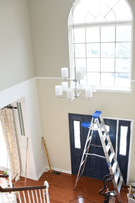 2 Story Wall Paint Ideas, Two Story Foyer Moulding, Decorating Two Story Foyer, Closing Off Two Story Foyer, 2 Story Foyer Wall Molding, 2 Story Foyer Molding Ideas, Two Story Foyer Paint Colors, Foyer Trim Ideas, Foyer Molding Two Story