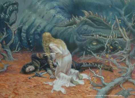 "Farewell, O twice beloved! A Túrin Turambar turun ambartanen: master of doom by doom mastered! O happy to be dead!" Art by Elena Kukanova Demon Dragon, John Howe, Tolkien Elves, Middle Earth Art, Tolkien Books, Tolkien Art, Lotr Art, Heroic Fantasy, Thranduil